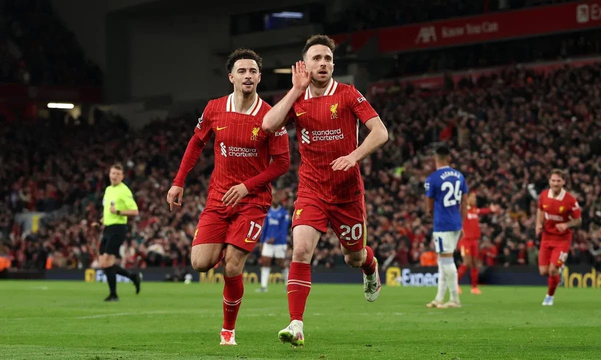 Liverpool players celebrating a goal against Everton