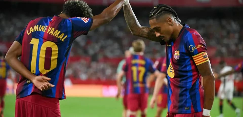 Barcelona players celebrating during La Liga match