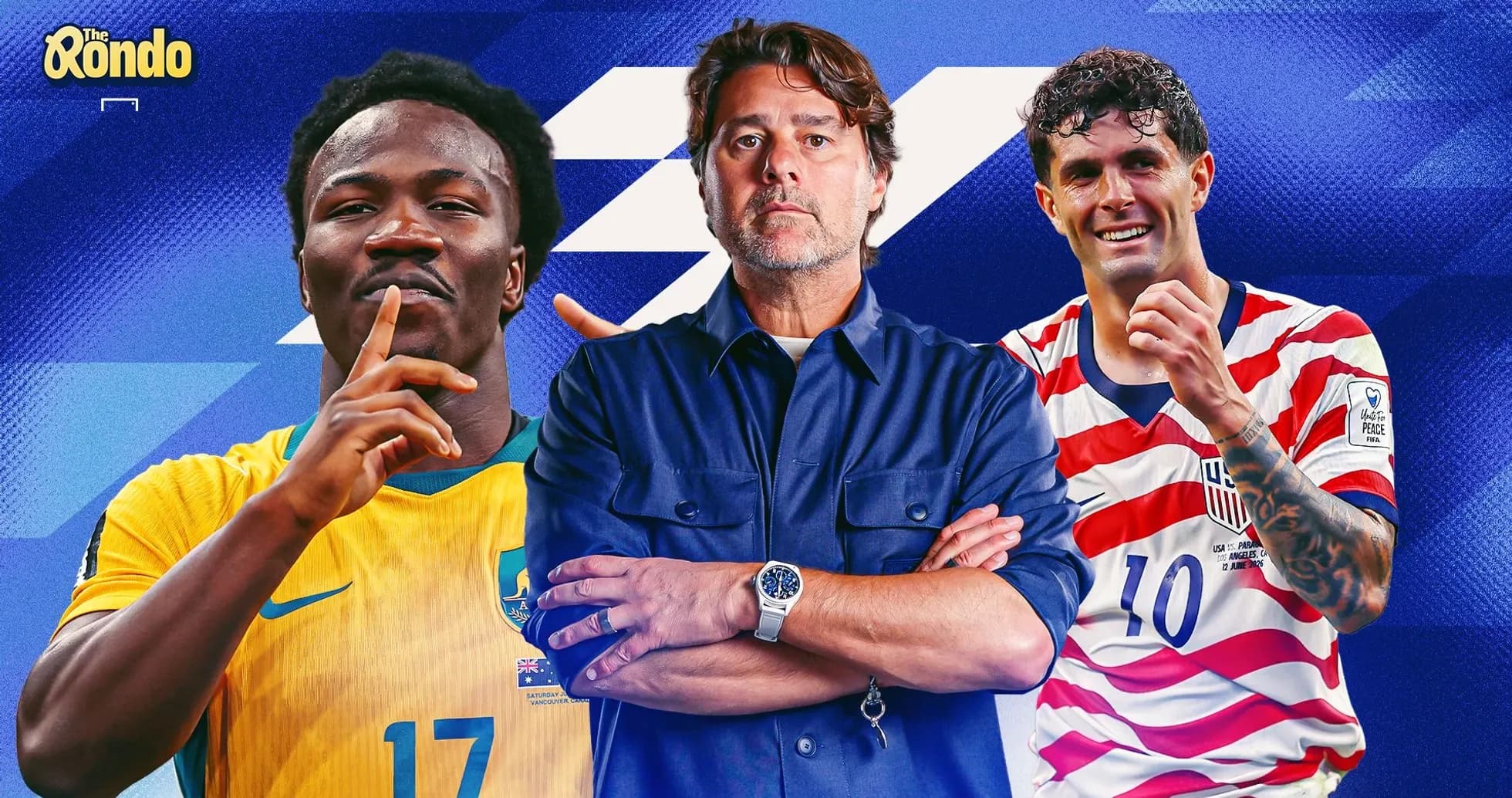 Three soccer players posing with arms crossed