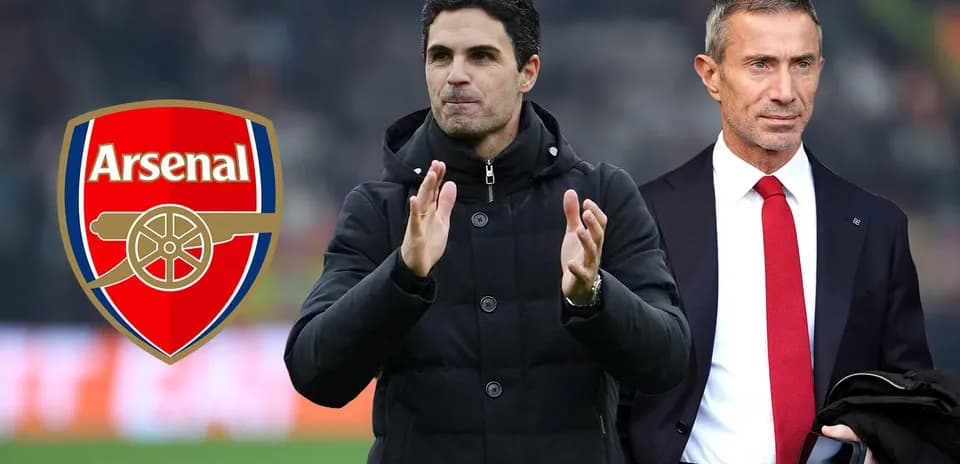Two football managers with Arsenal logo background