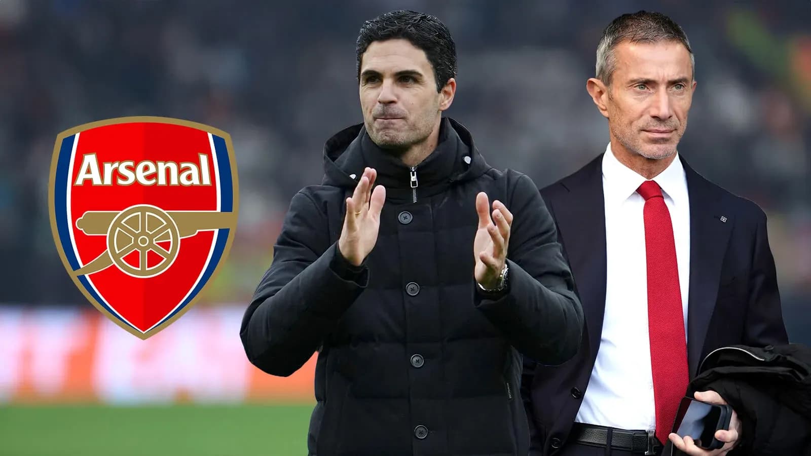 Two football managers with Arsenal logo background