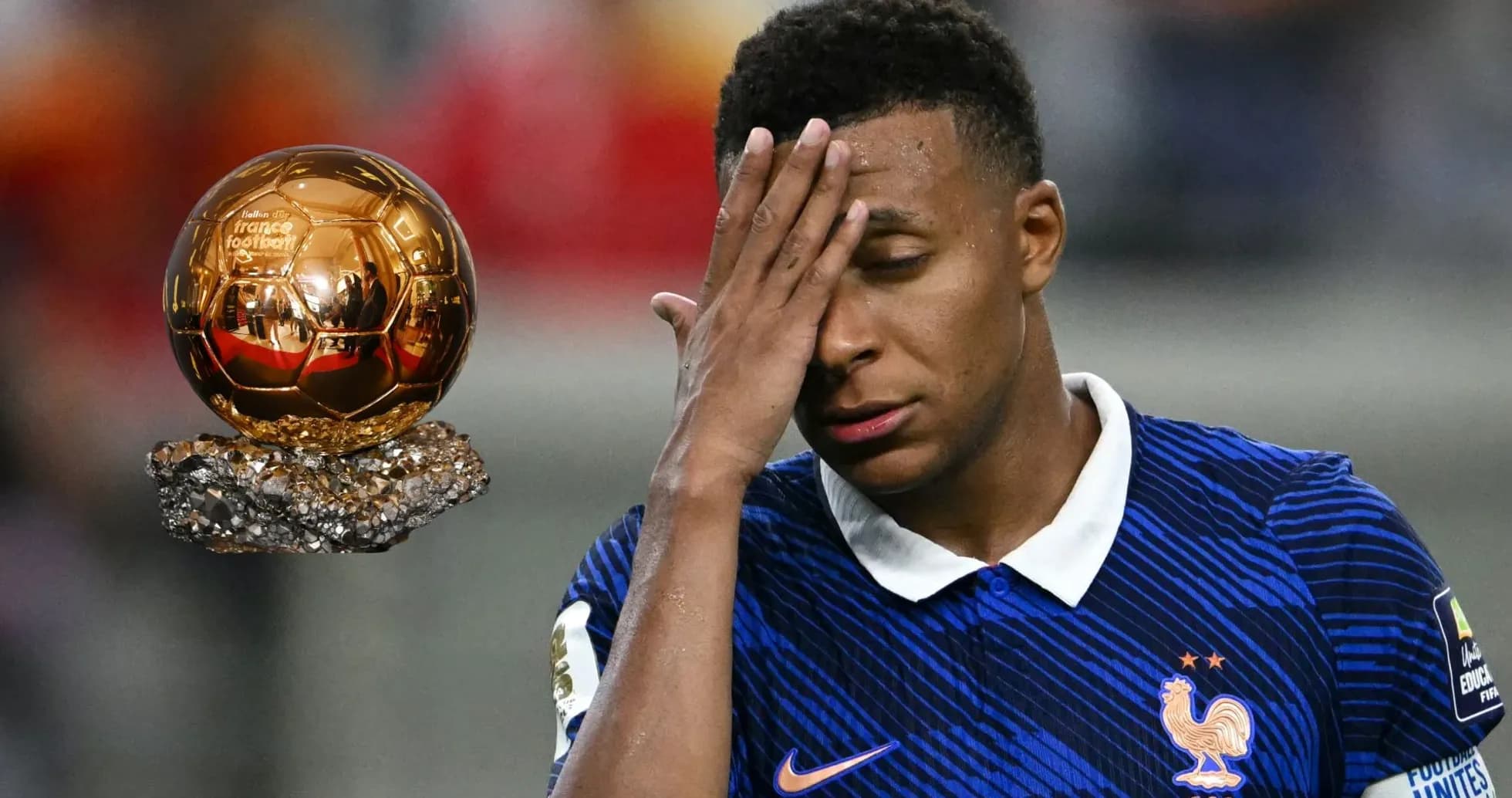 Player looking distressed near Ballon d'Or trophy
