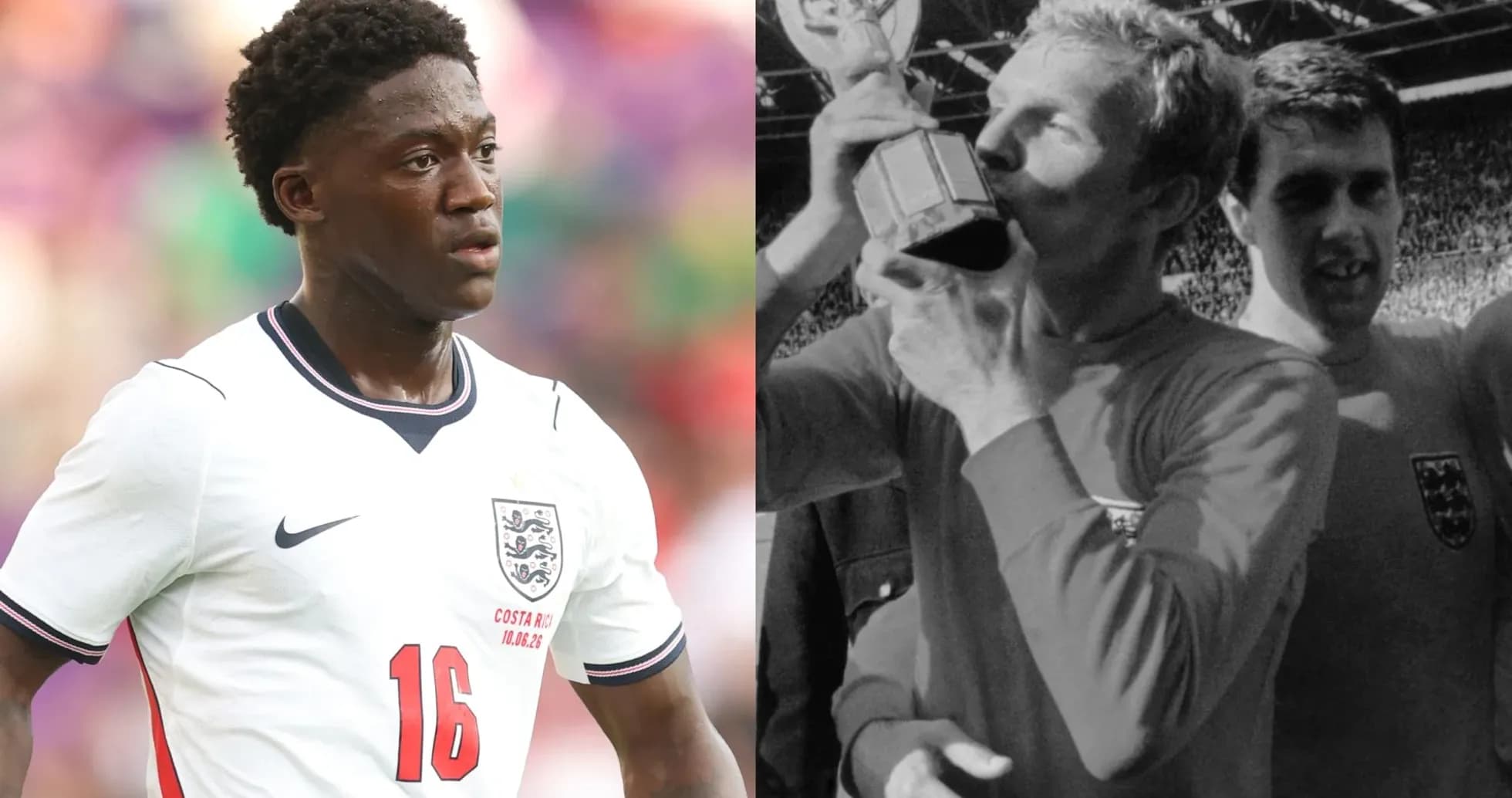 Current and former England players celebrating in separate images