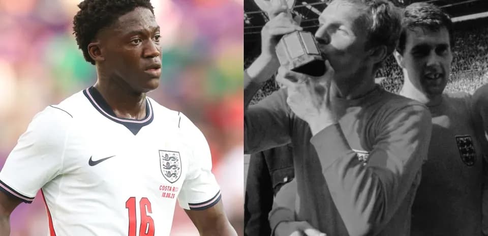 Current and former England players celebrating in separate images
