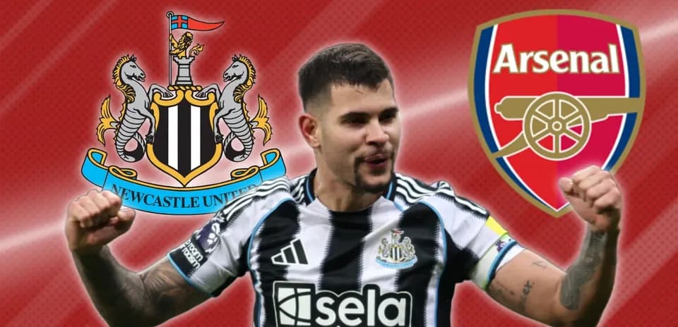 Newcastle United player celebrating with team logos