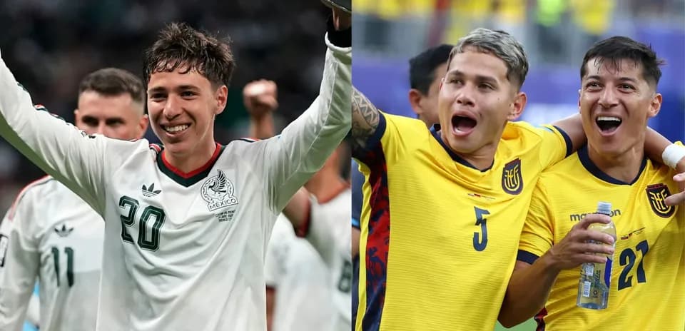Players celebrating from Mexico and Ecuador teams