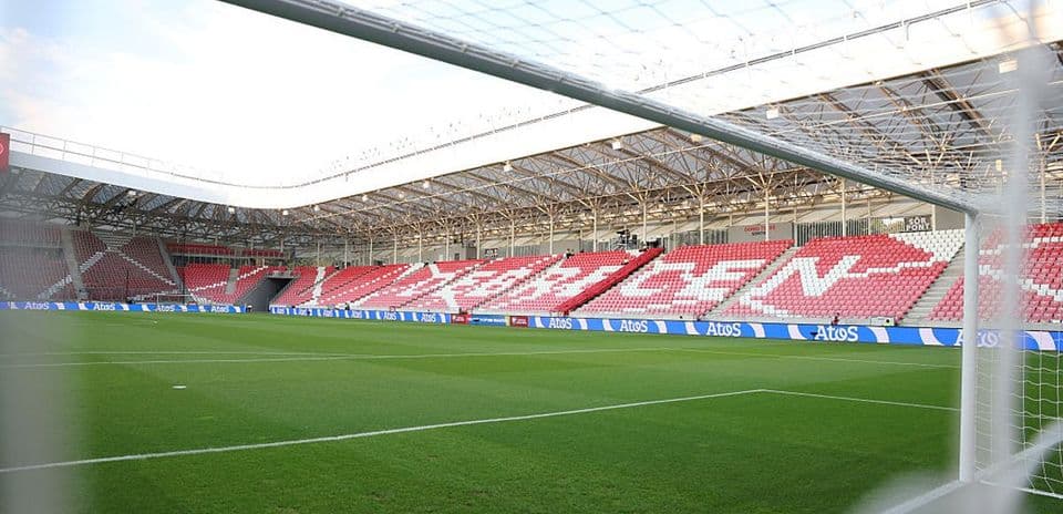 View of a football pitch inside a stadium