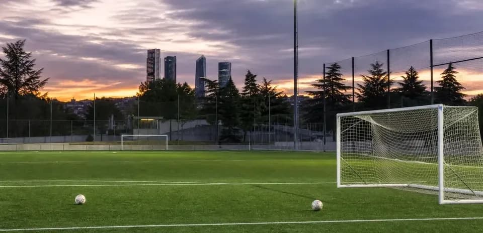 Football pitch at sunset with two soccer balls