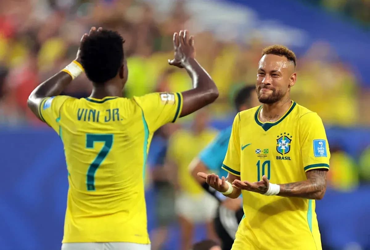 Neymar and Viní Jr. celebrating during Brazil match