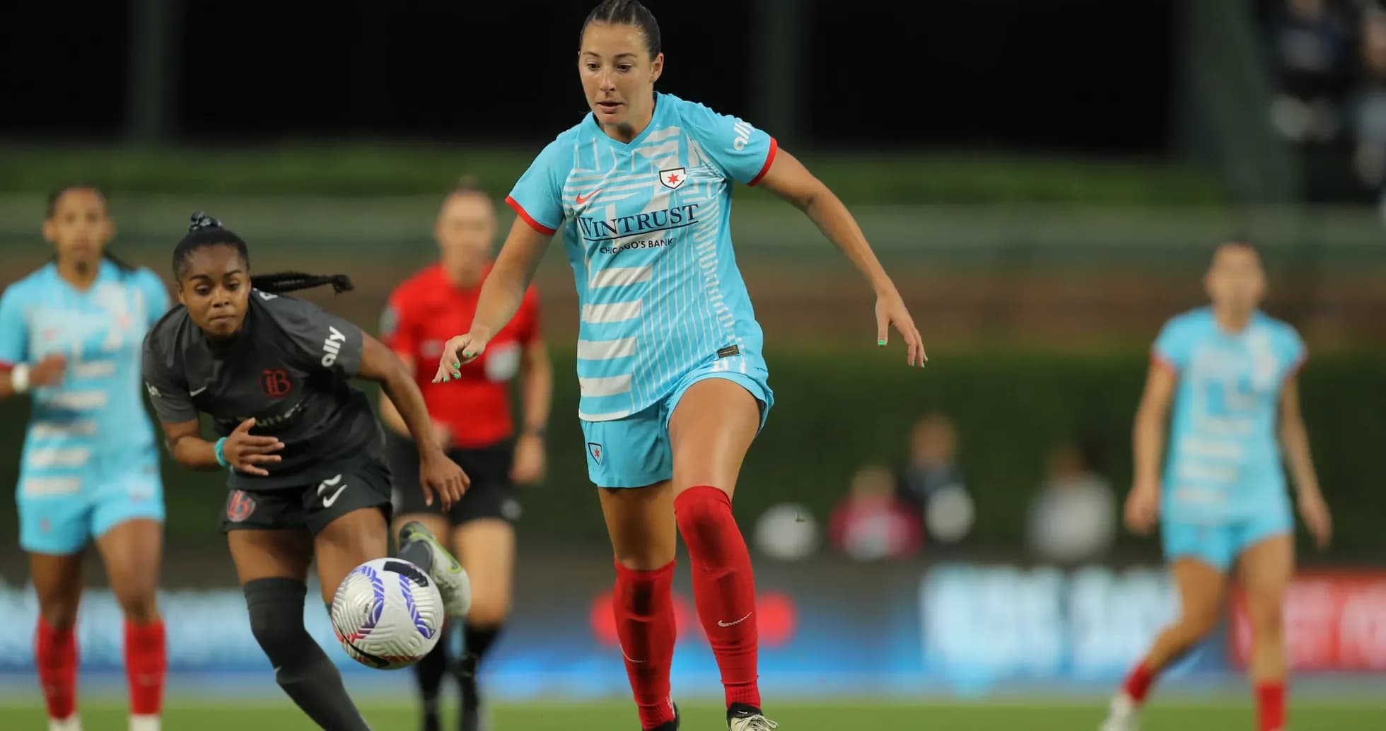 Bay FC player chasing the ball against Chicago Red Stars