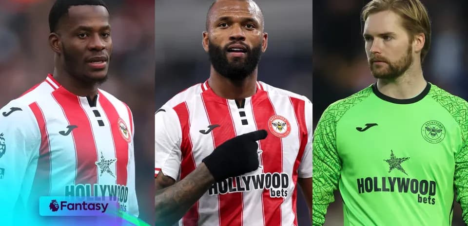 Three Brentford players posing before a match