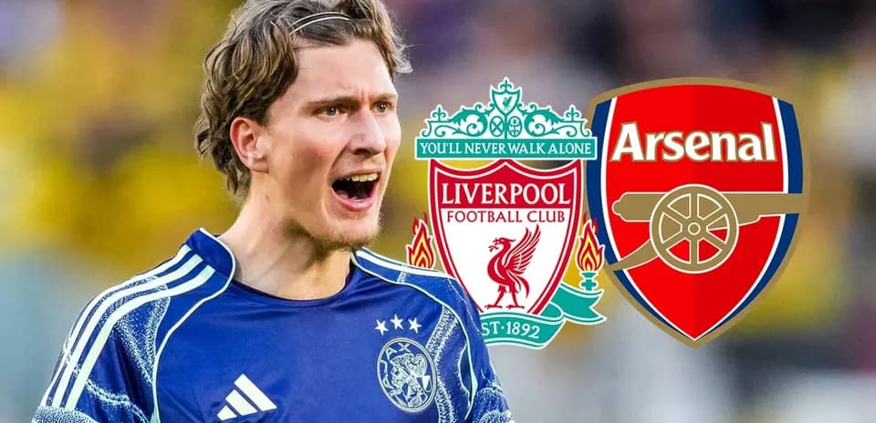 Goalkeeper celebrating with Liverpool and Arsenal logos
