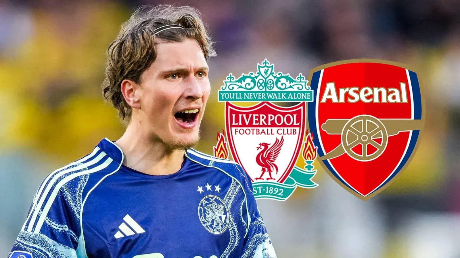 Goalkeeper celebrating with Liverpool and Arsenal logos