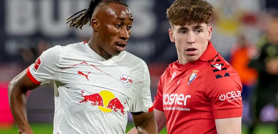 Two players from RB Leipzig and Osasuna in action