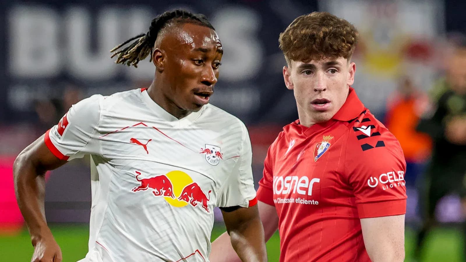 Two players from RB Leipzig and Osasuna in action