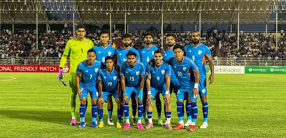 Indian national football team posing for a group photo