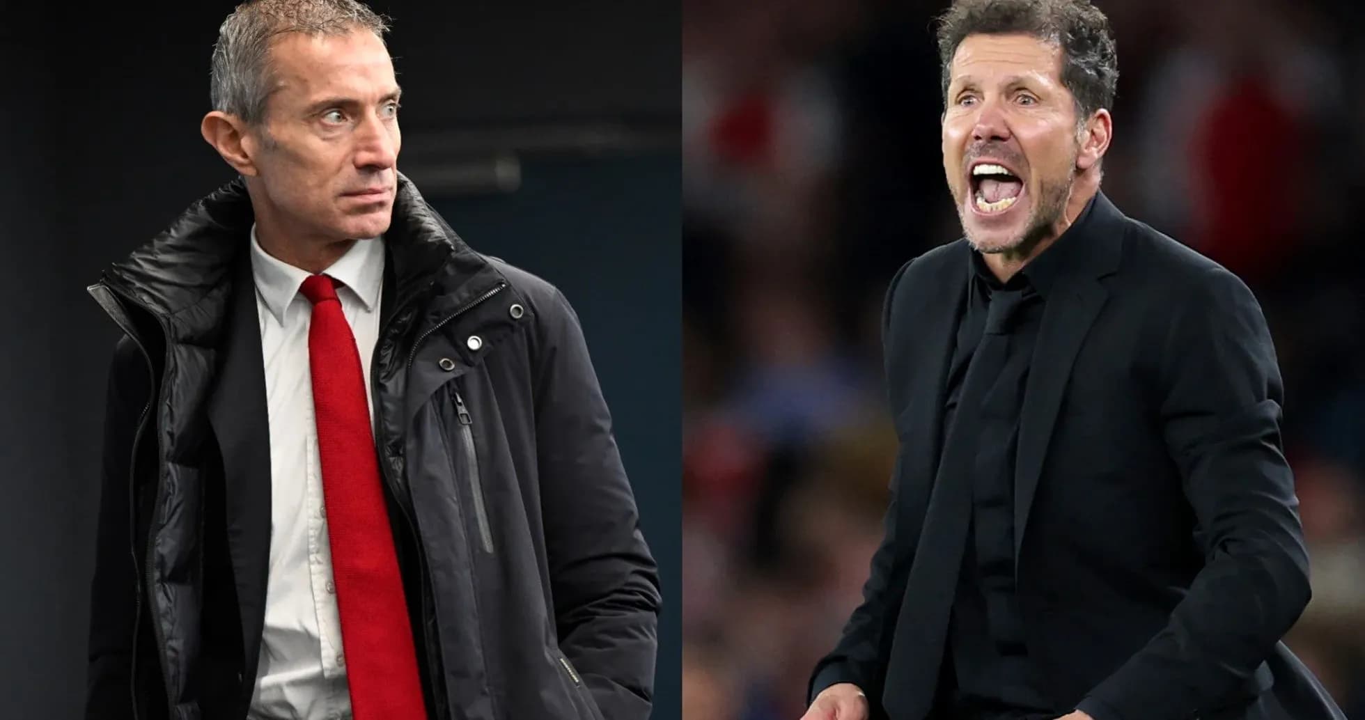Two football managers on the sidelines during match