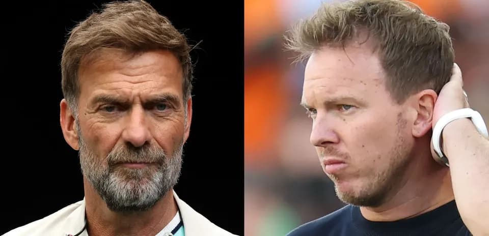 Two football managers in a split-screen image