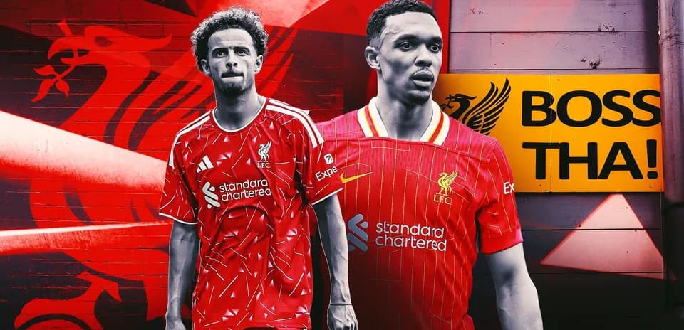 Two Liverpool players posing in home jerseys