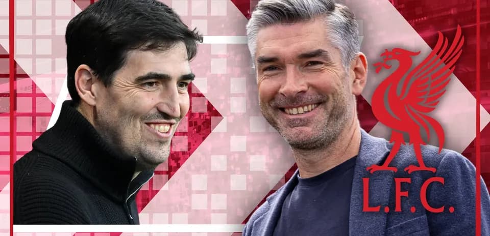 Two football coaches smiling against Liverpool background