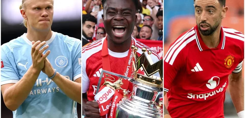 Three football players: Haaland, Saka with trophy, Fernandes