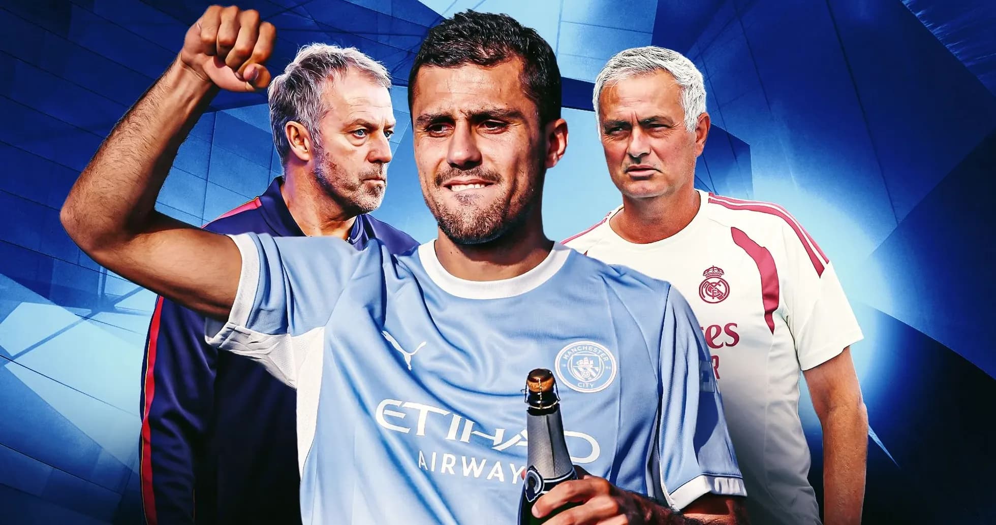 Player celebrating with champagne surrounded by coaches