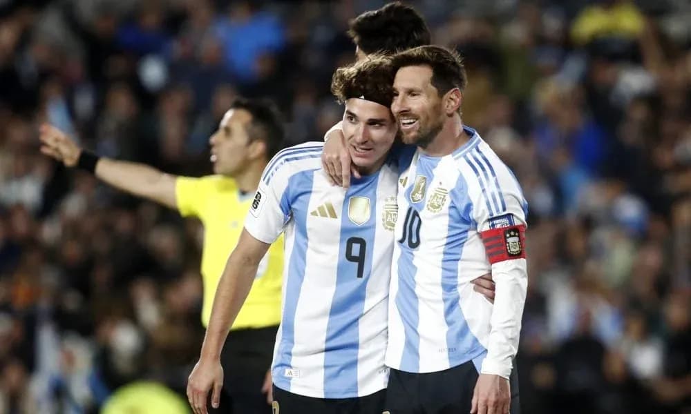 Two Argentine players celebrating during a match