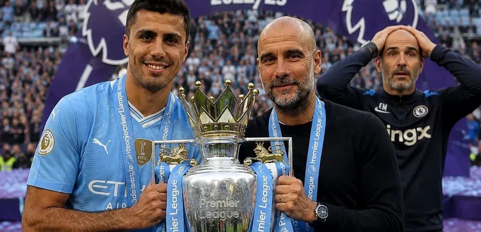 Players celebrating Premier League trophy presentation