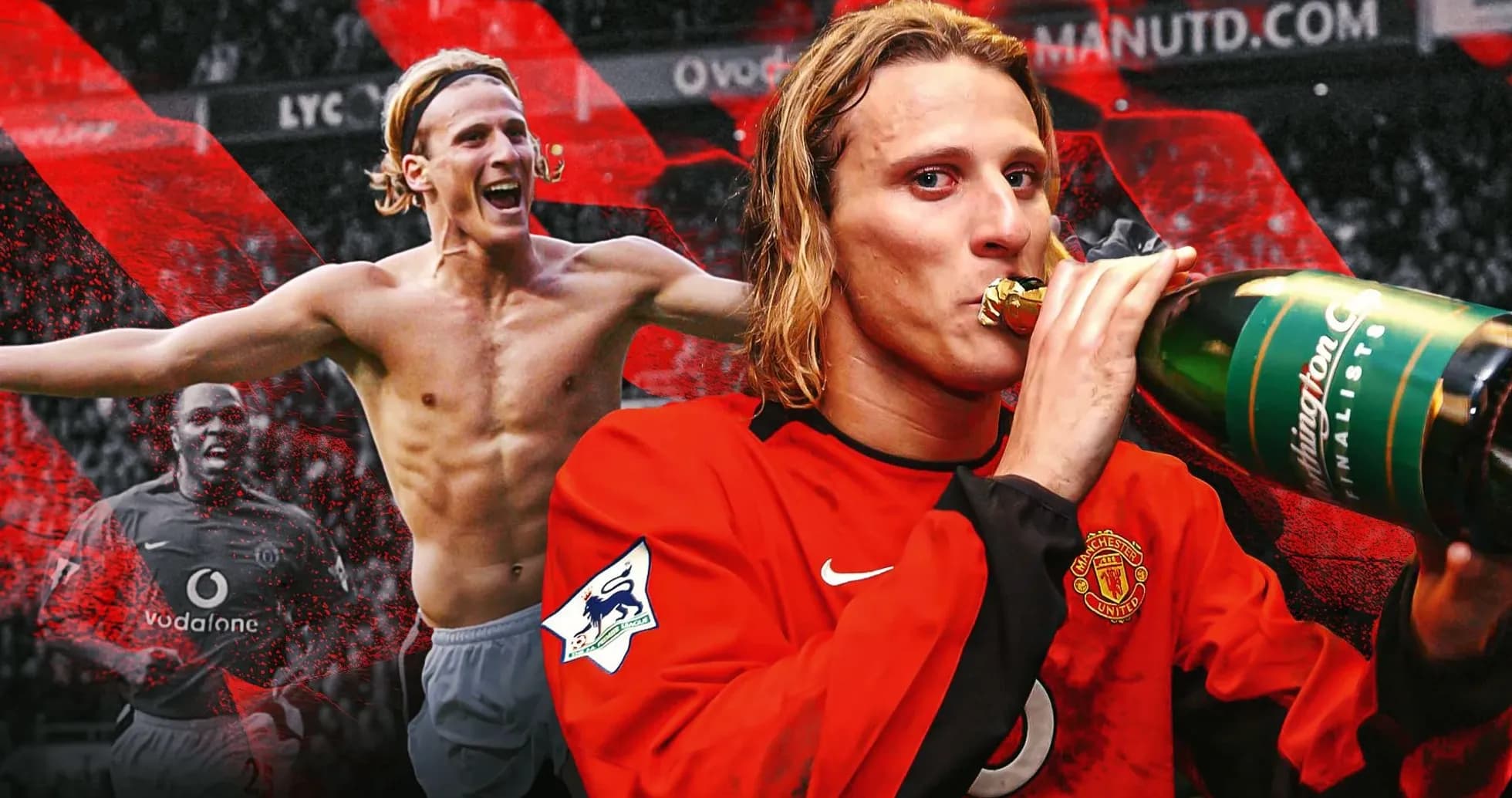 Player celebrating with champagne in Manchester United jersey
