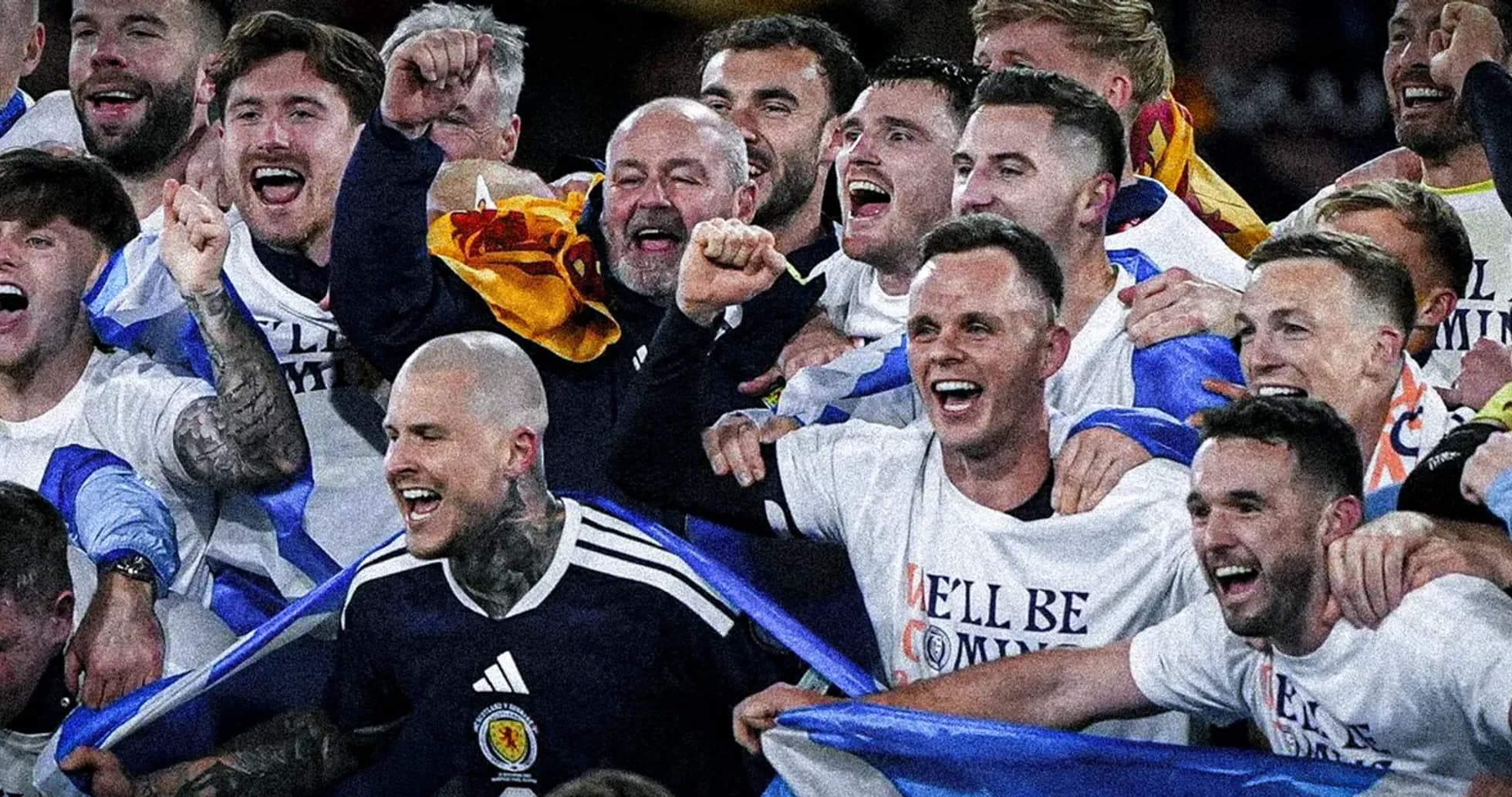 Celebrating players in team shirts with flags