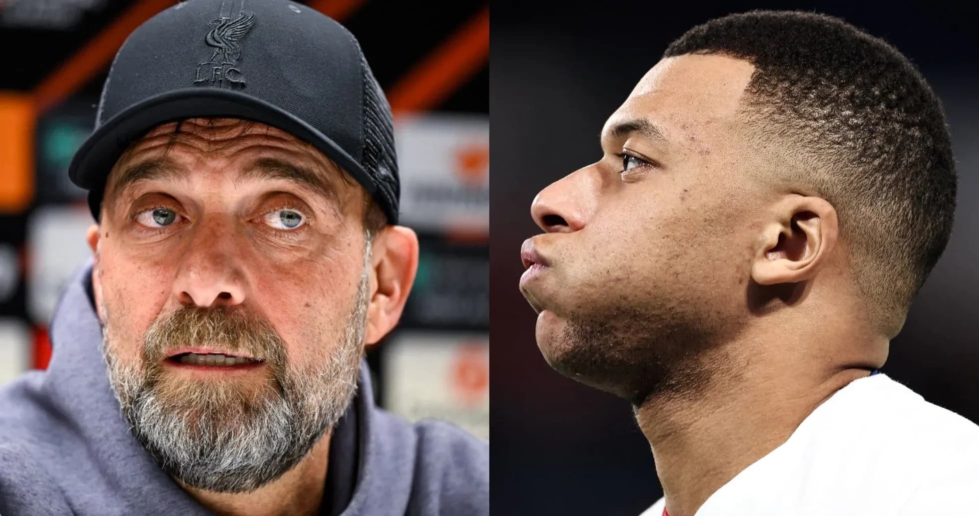 Jurgen Klopp and Kylian Mbappe in separate close-ups