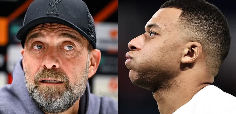 Jurgen Klopp and Kylian Mbappe in separate close-ups