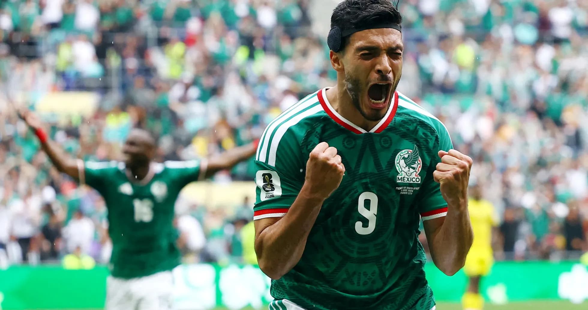 Raúl Jiménez celebrating goal for Mexico