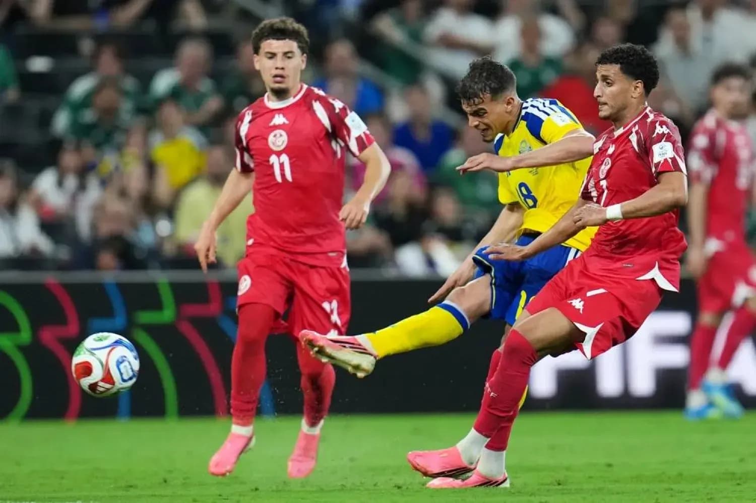 Sweden player shoots against Tunisia in World Cup