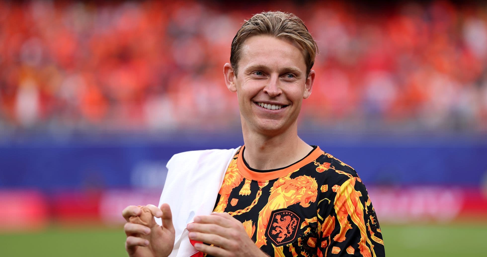 Player wearing vibrant shirt during warm-up session