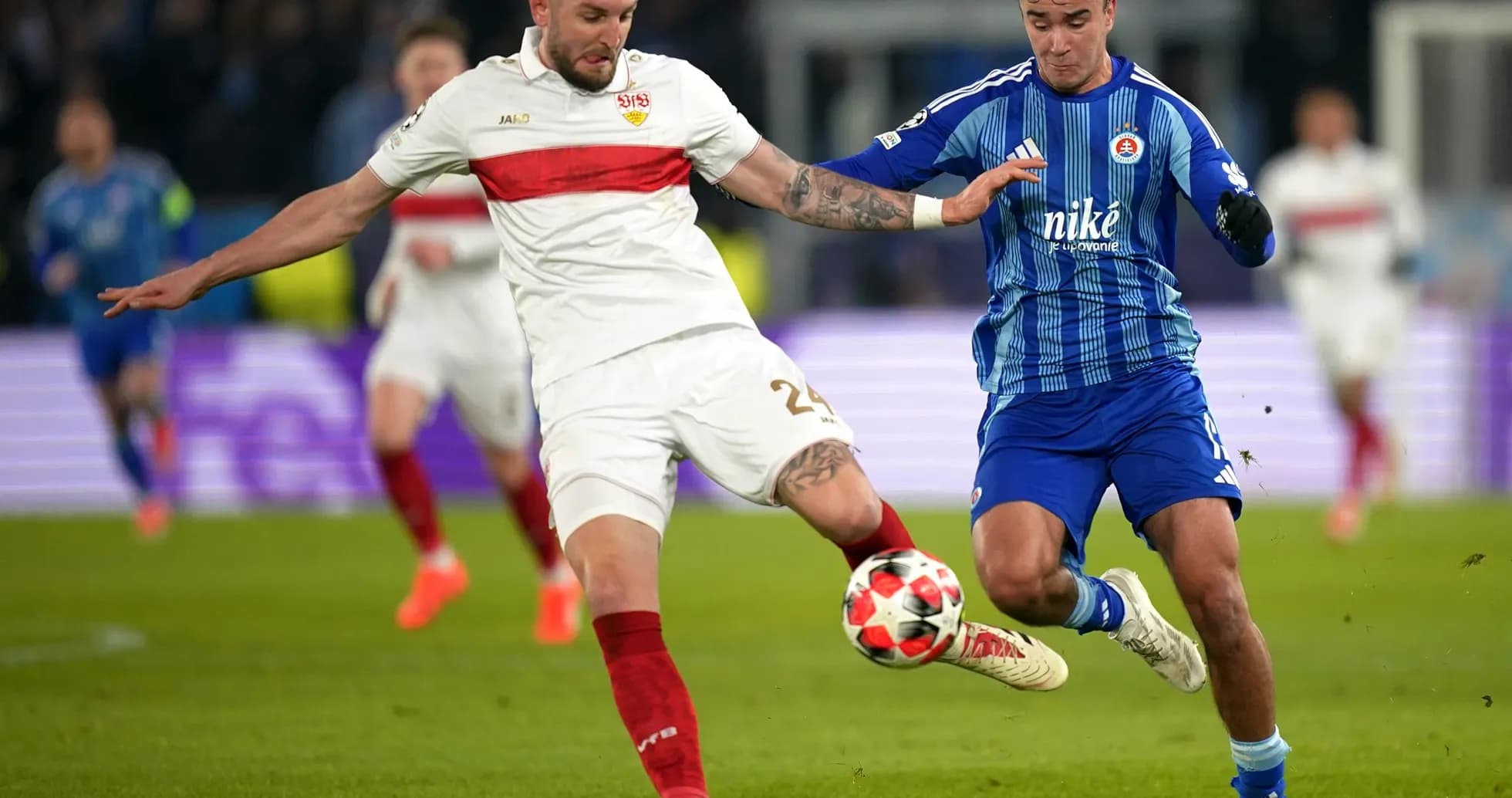 Slovan Bratislava player challenges VfB Stuttgart opponent