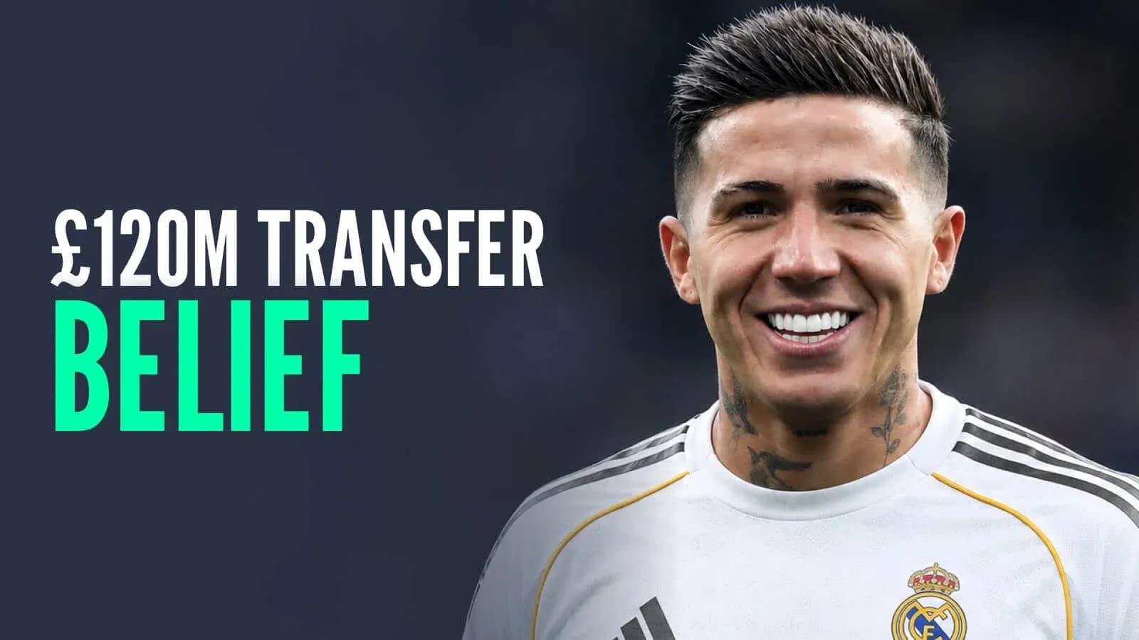 Player smiling in Real Madrid jersey with text overlay