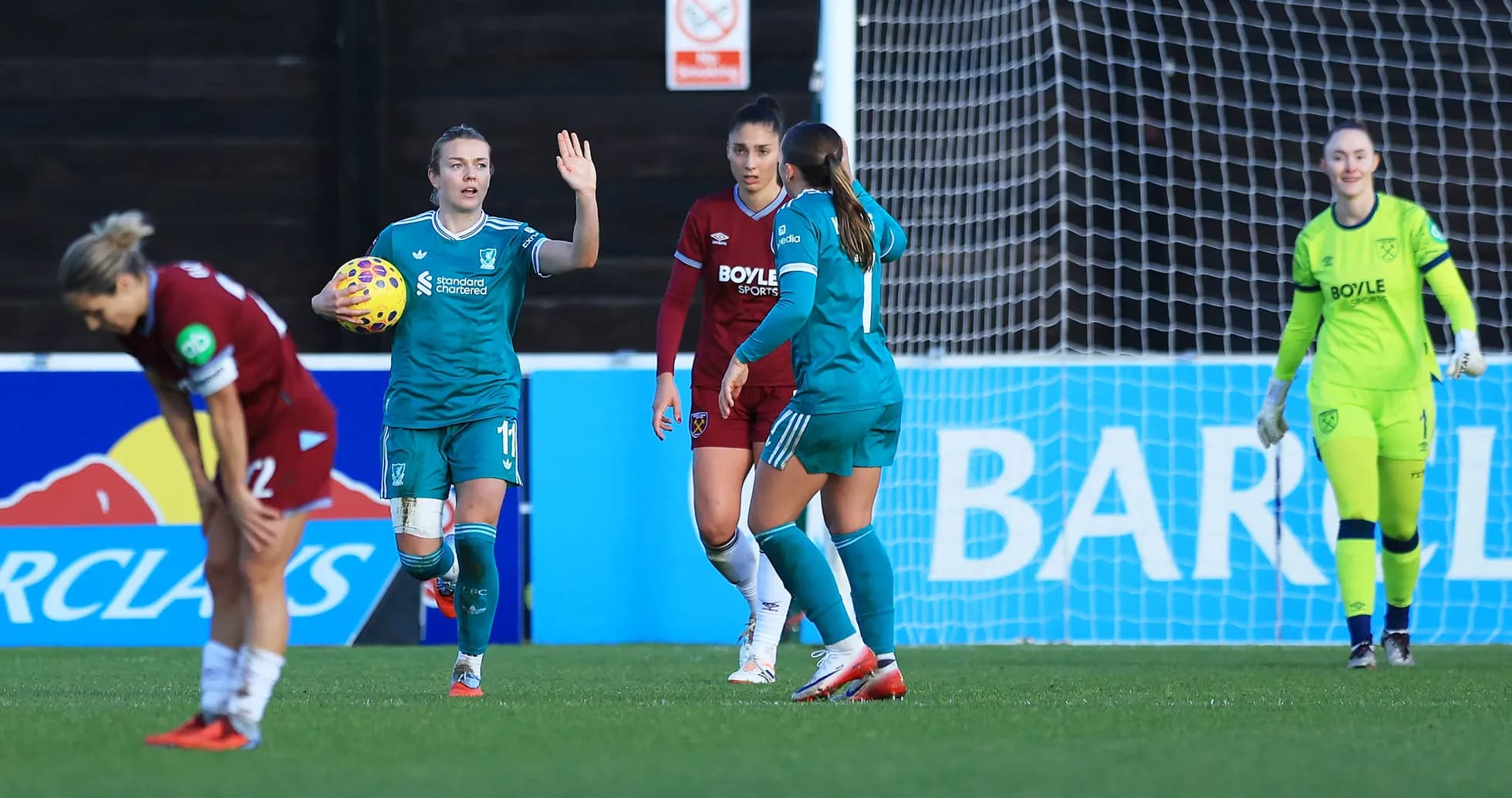 Liverpool women celebrating during match against West Ham