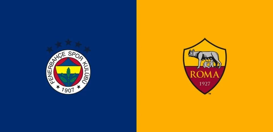 Logos of Fenerbahçe and AS Roma on colored backgrounds