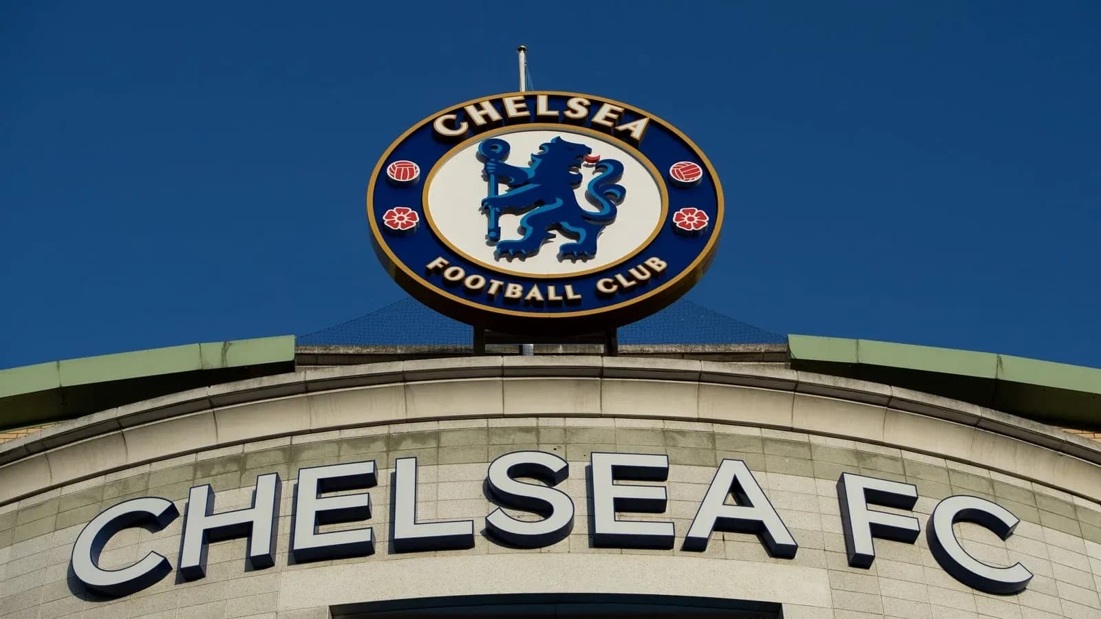 Chelsea Football Club logo on stadium exterior
