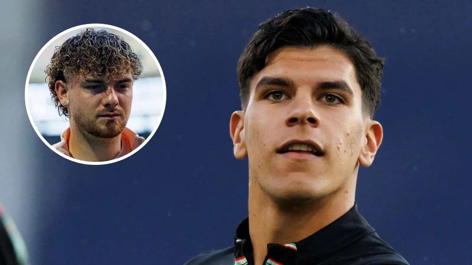 Two soccer players, one in close-up and one in background