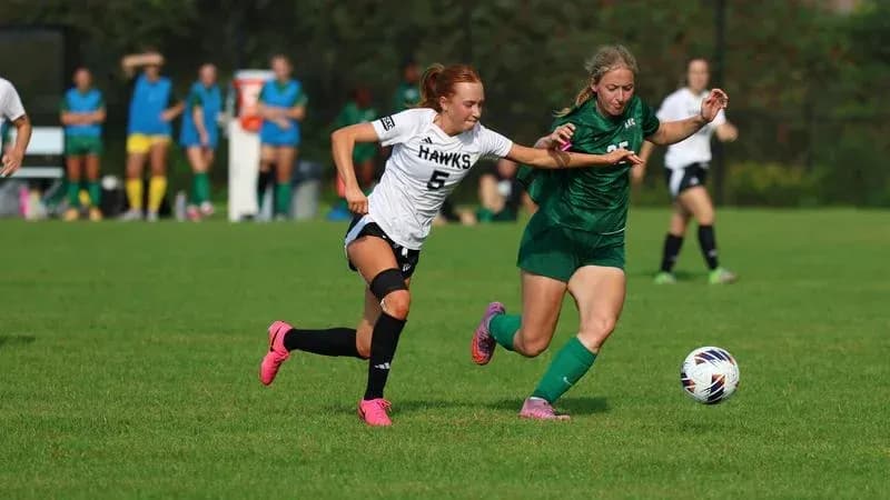 Player from Hawks chasing ball against opponent