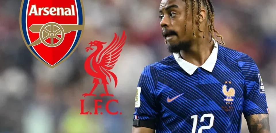Player wearing France kit with club logos of Arsenal and Liverpool