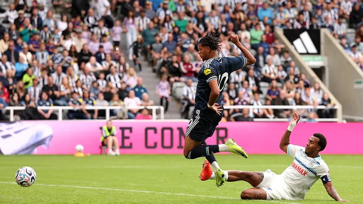 Player jumping over opponent during a football match