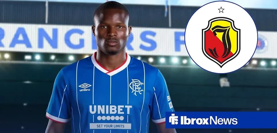 Player in blue Rangers jersey with club logo background