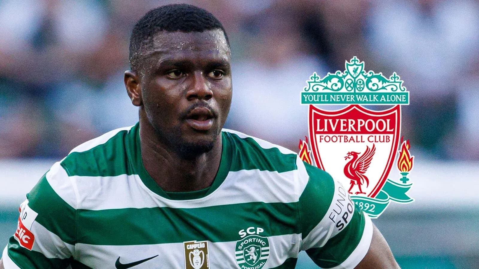 Player in Sporting Lisbon jersey with Liverpool logo