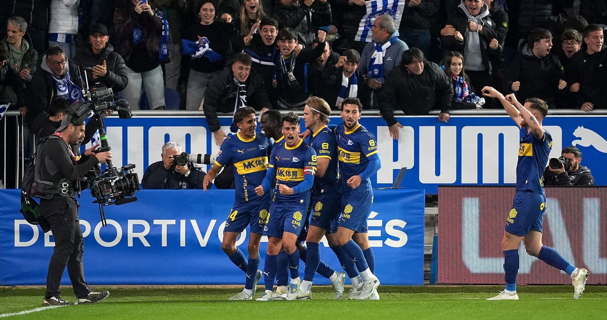 Alaves players celebrating a goal in La Liga match