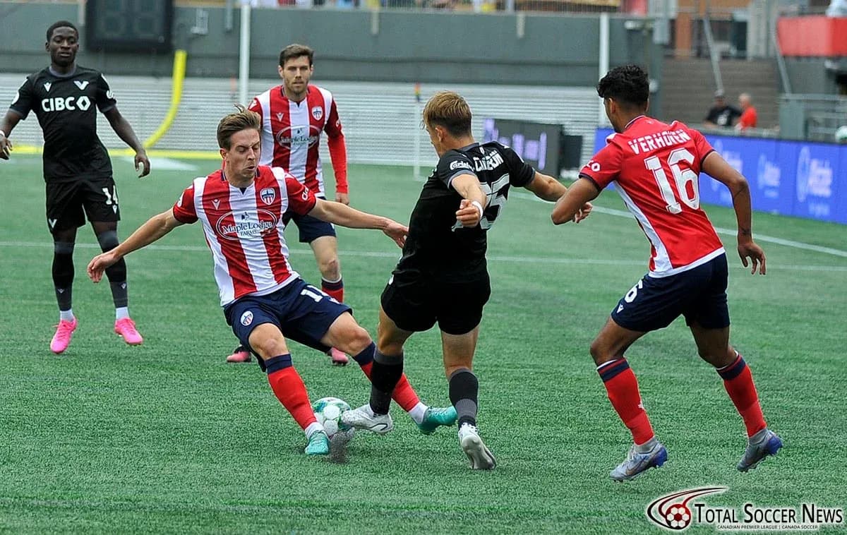 Players competing during Atlético Ottawa match