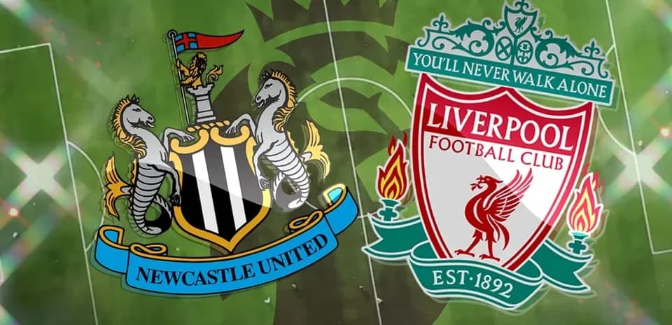 Logos of Newcastle United and Liverpool FC on pitch