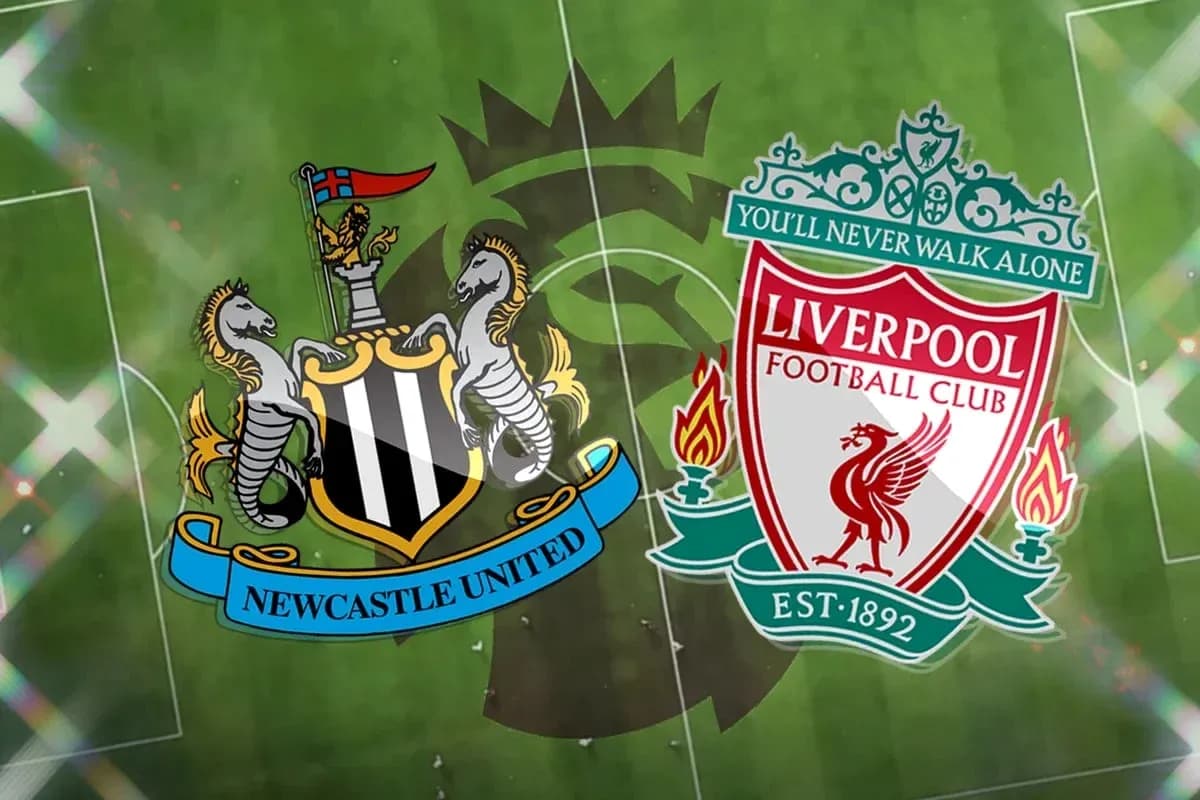Logos of Newcastle United and Liverpool FC on pitch